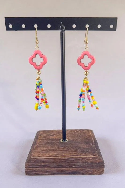 Multicolor Beaded Tassel Clover Earrings