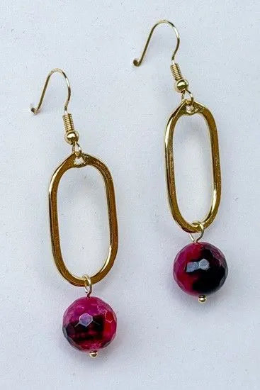 Gold Oval & Burgundy Stone Dangle Earrings