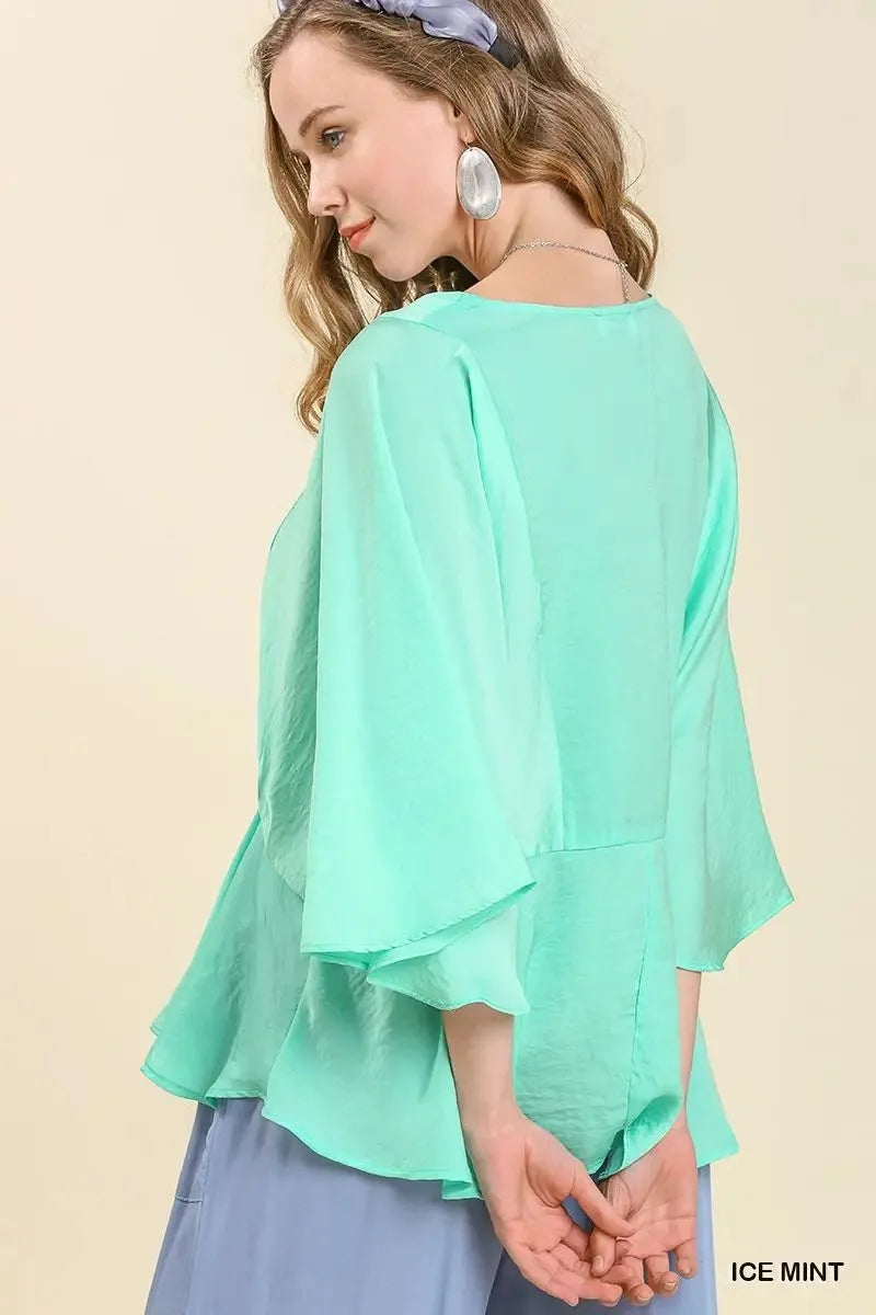 Umgee Satin Peplum Kimono Sleeve Top