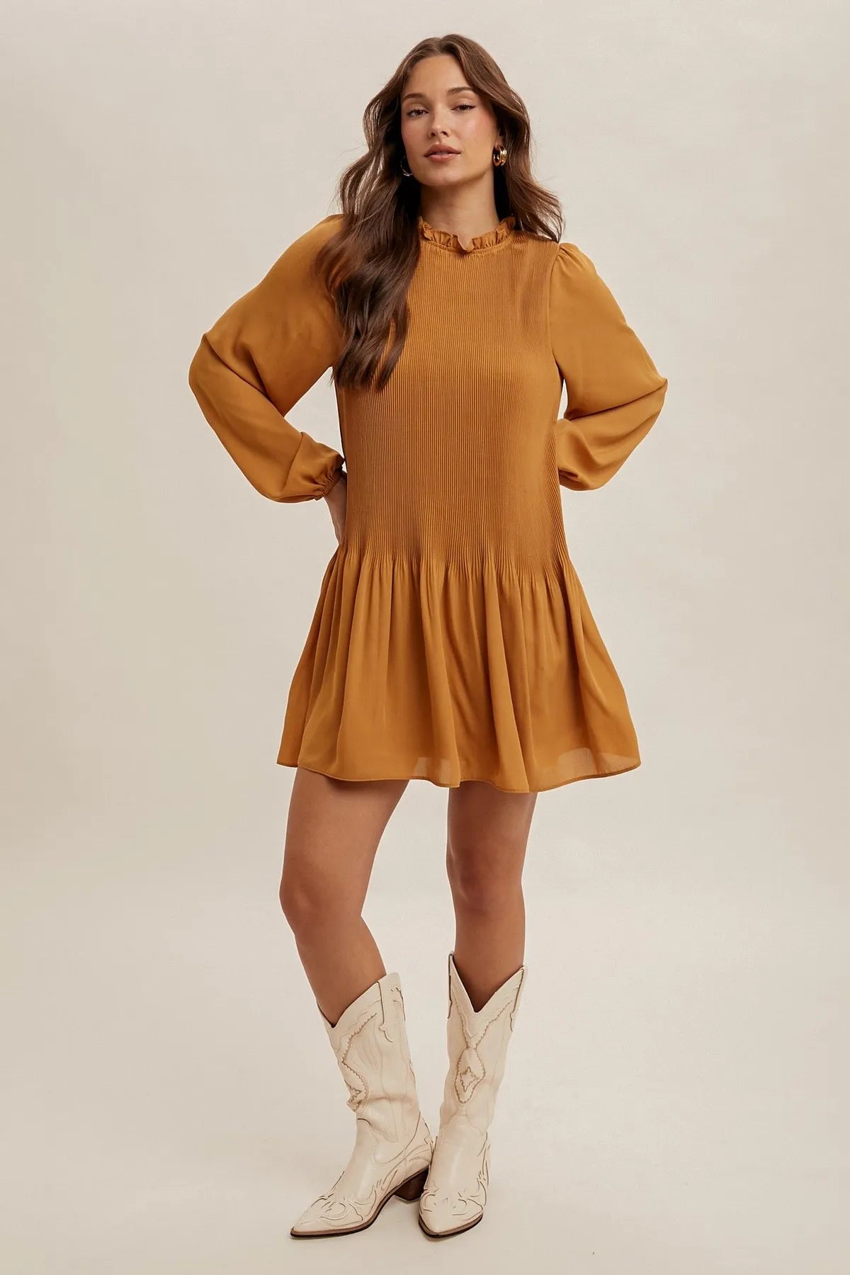 Hem & Thread Pleated Ruffle Neck Mini Dress