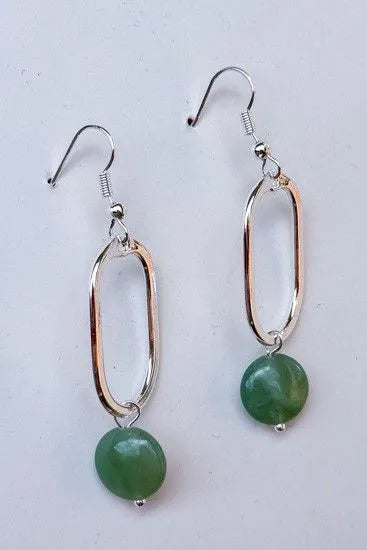 Silver Oval & Aqua Stone Dangle Earrings