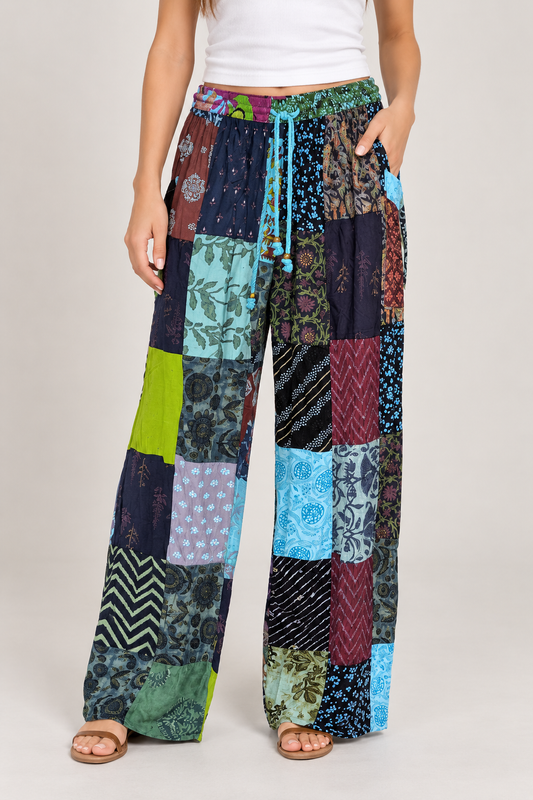 Boho Kantha Patchwork Wide Leg Palazzo Pants