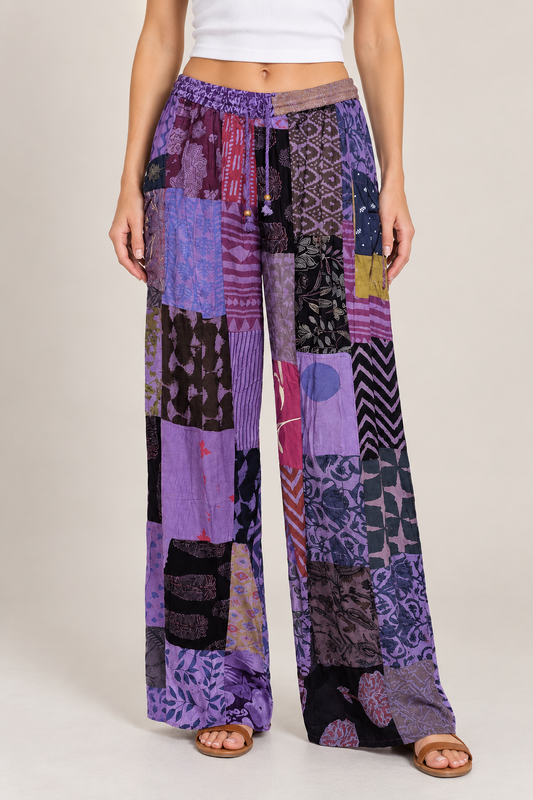 Boho Kantha Patchwork Wide Leg Pants