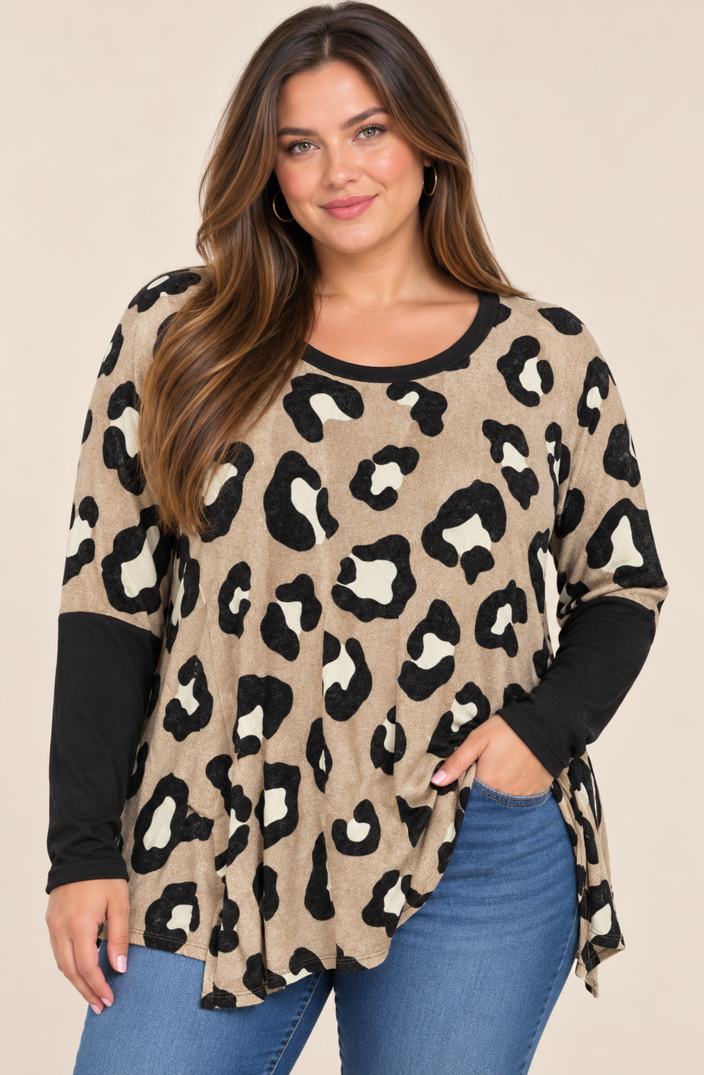 Heimish Leopard Print Contrast Sleeve Top