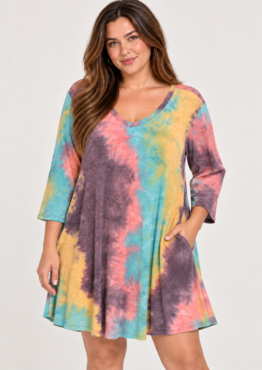 Heimish Multicolor Tie-Dye V-Neck Dress