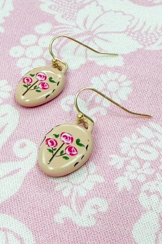 Hand-Painted Pink Rose Floral Dangle Earrings
