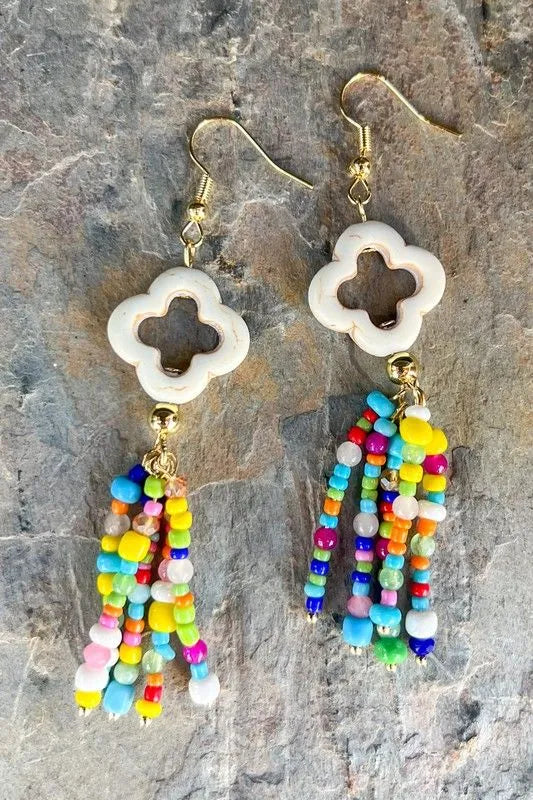 Multicolor Beaded Tassel Clover Earrings
