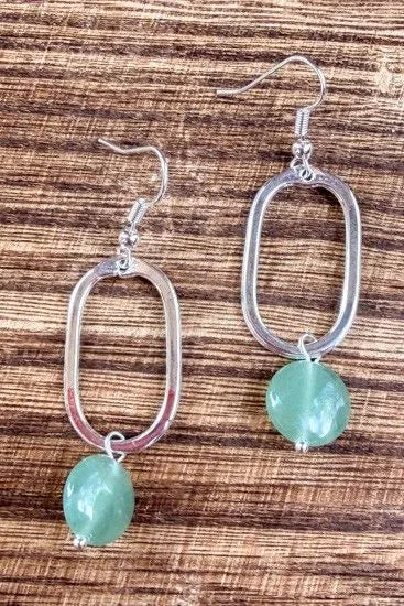 Silver Oval & Aqua Stone Dangle Earrings