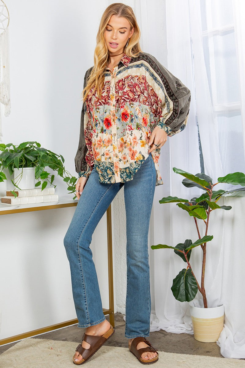 Young Threads Boho Floral Patchwork Button Down Top