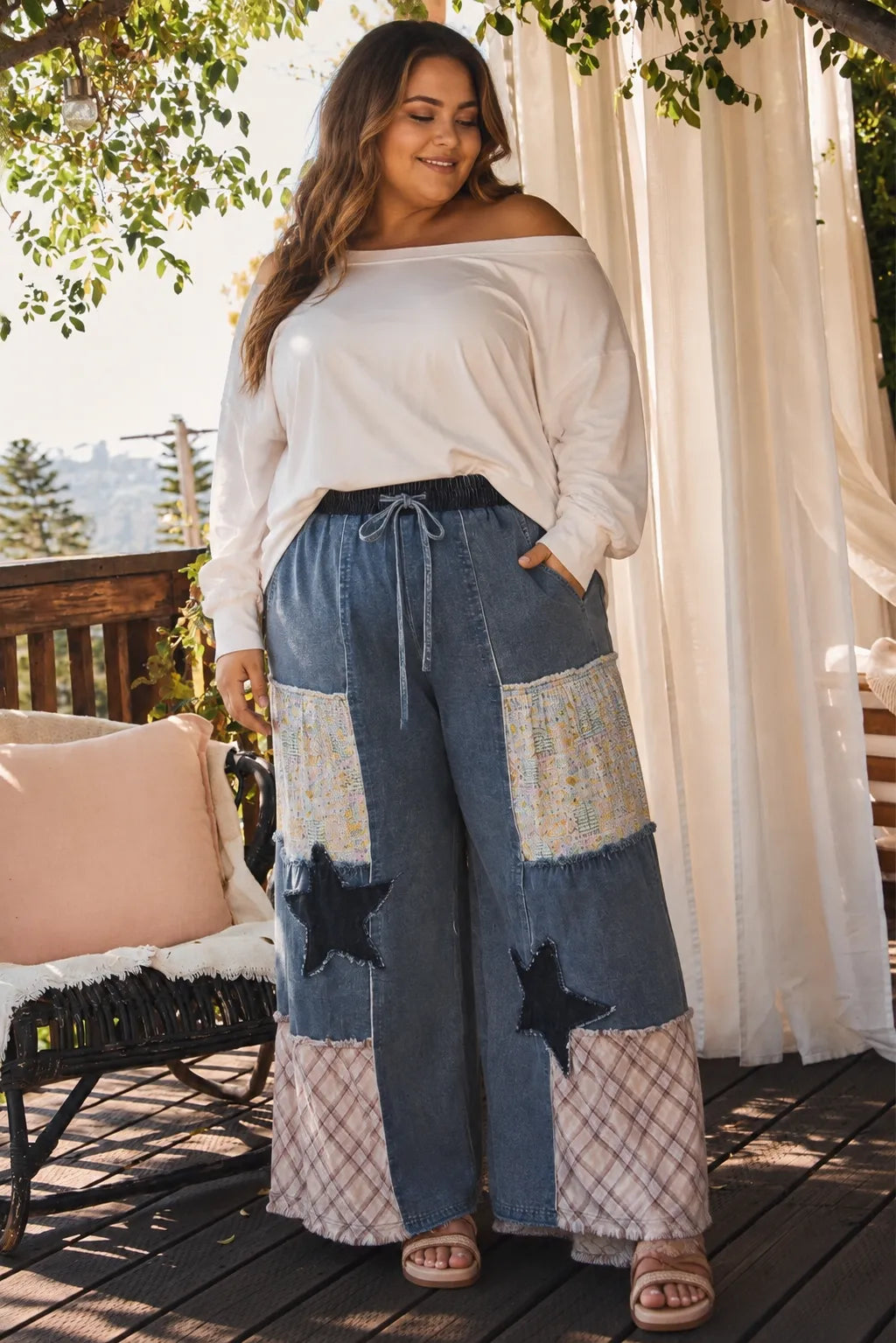 Oddi Boho Patchwork Wide Leg Denim Pants