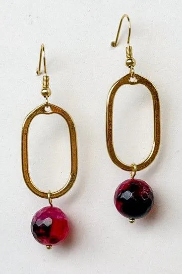 Gold Oval & Burgundy Stone Dangle Earrings