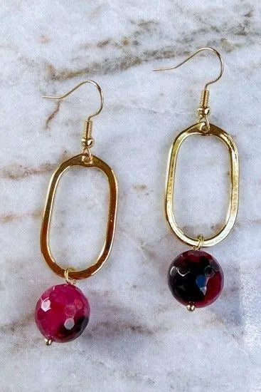 Gold Oval & Burgundy Stone Dangle Earrings