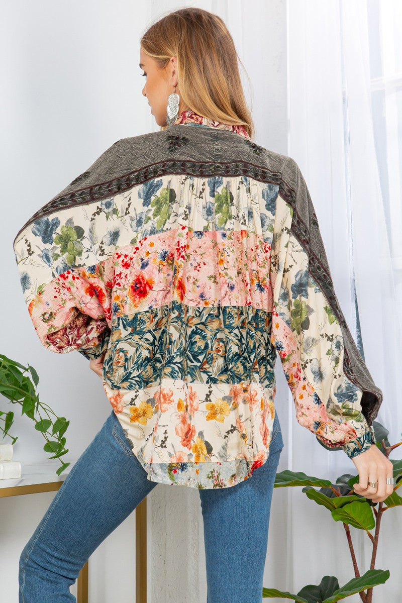 Young Threads Boho Floral Patchwork Button Down Top