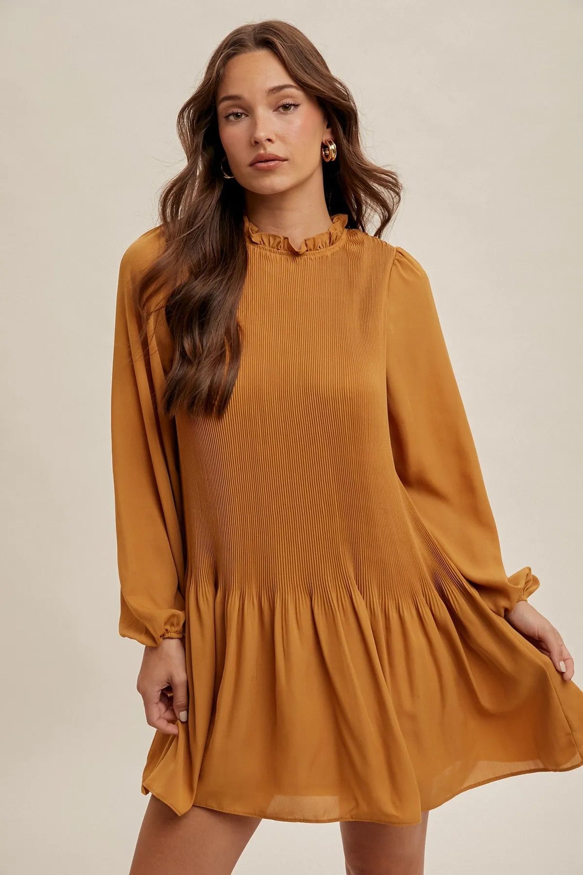 Hem & Thread Pleated Ruffle Neck Mini Dress