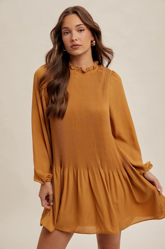 Hem & Thread Pleated Ruffle Neck Mini Dress