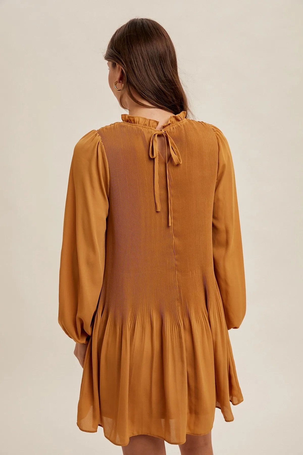 Hem & Thread Pleated Ruffle Neck Mini Dress