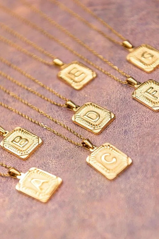 Gold Plated Stainless Steel Rectangle Initial Pendant 18" Necklace