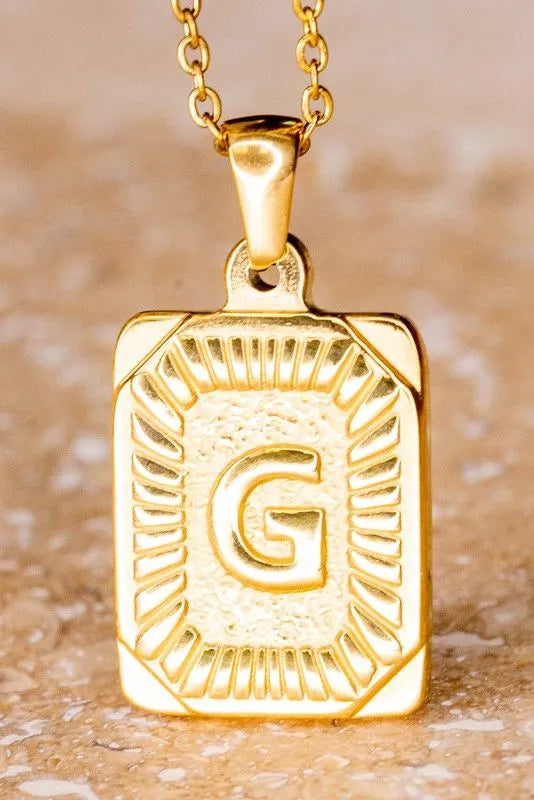 Gold Plated Stainless Steel Rectangle Initial Pendant 18" Necklace