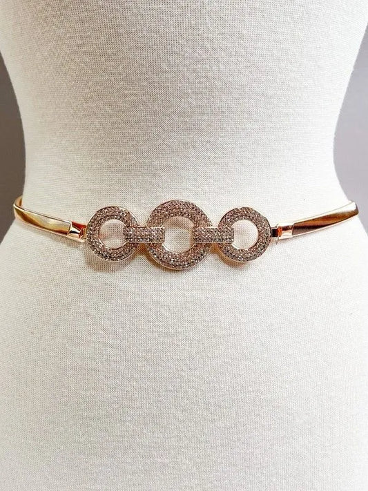 Gold Rhinestone Circle Link Stretch Belt
