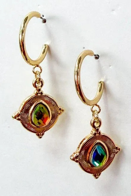Gold Hoop Multicolor Crystal Charm Earrings