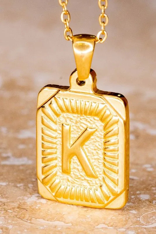 Gold Plated Stainless Steel Rectangle Initial Pendant 18" Necklace