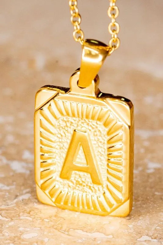 Gold Plated Stainless Steel Rectangle Initial Pendant 18" Necklace