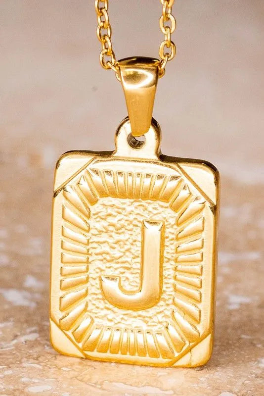 Gold Plated Stainless Steel Rectangle Initial Pendant 18" Necklace