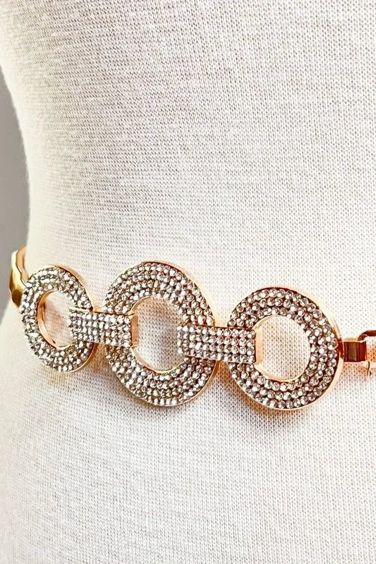 Gold Rhinestone Circle Link Stretch Belt