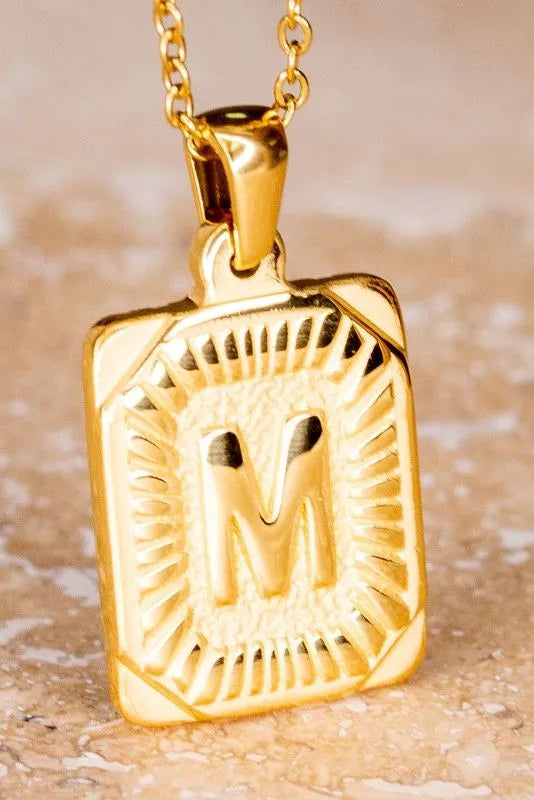 Gold Plated Stainless Steel Rectangle Initial Pendant 18" Necklace