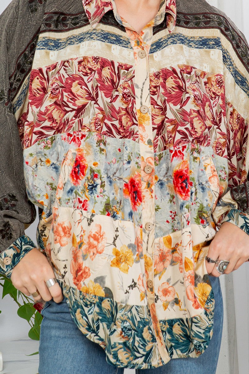 Young Threads Boho Floral Patchwork Button Down Top