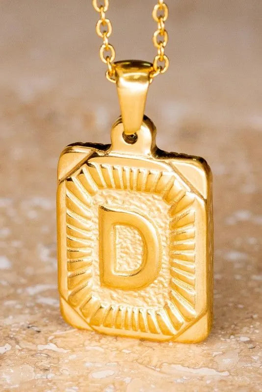 Gold Plated Stainless Steel Rectangle Initial Pendant 18" Necklace