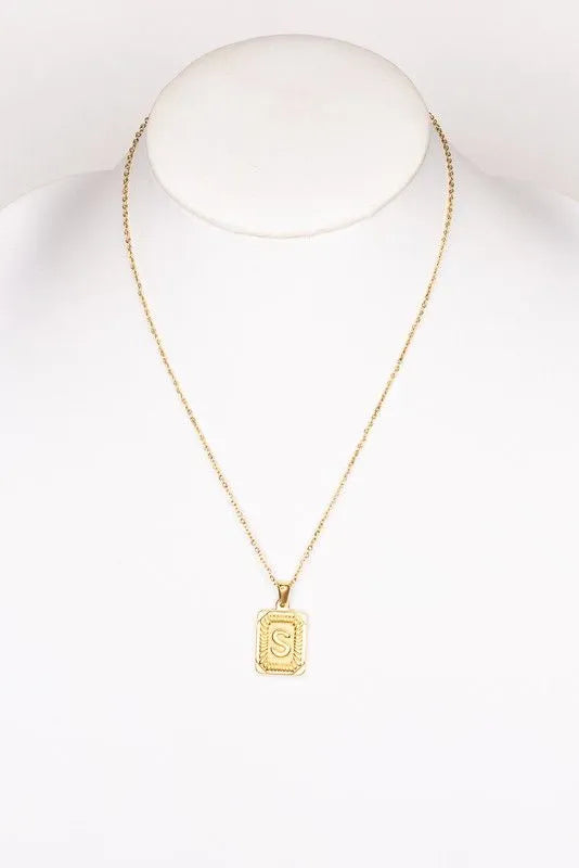 Gold Plated Stainless Steel Rectangle Initial Pendant 18" Necklace