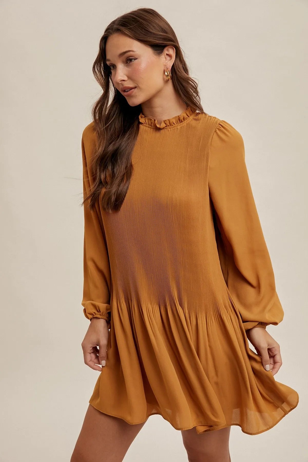 Hem & Thread Pleated Ruffle Neck Mini Dress