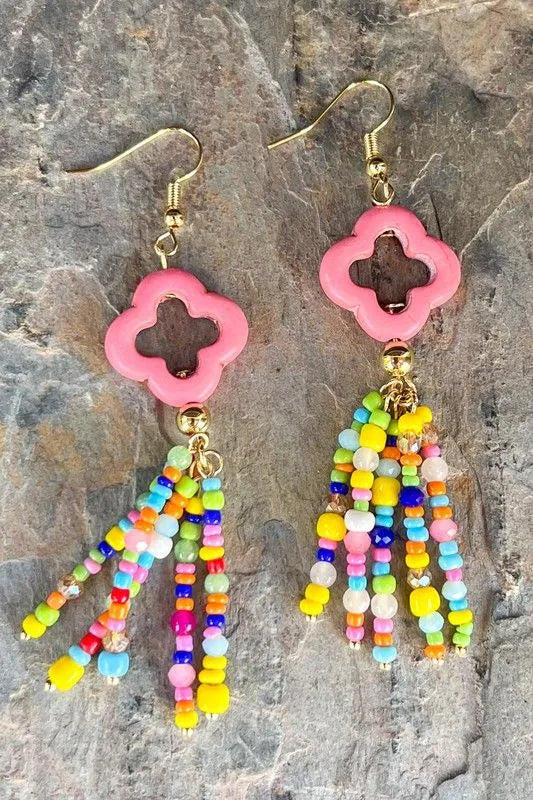 Multicolor Beaded Tassel Clover Earrings