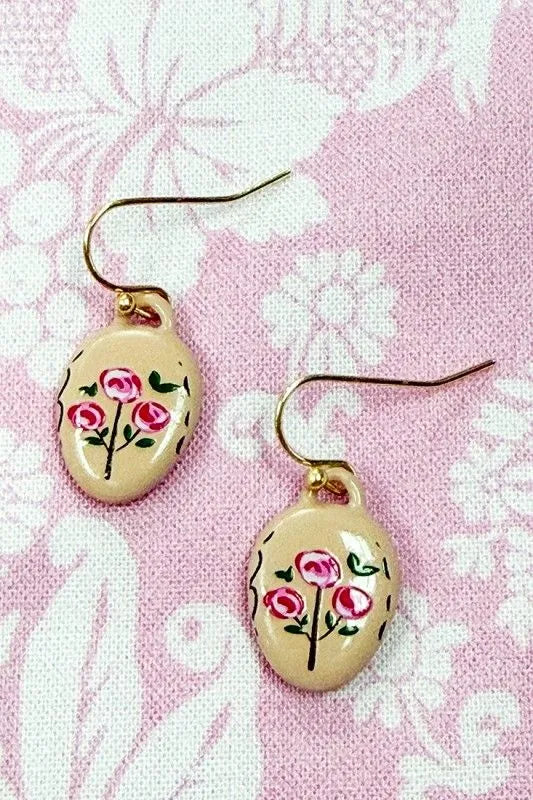 Hand-Painted Pink Rose Floral Dangle Earrings