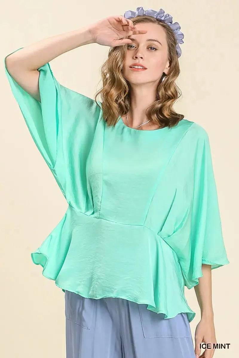 Umgee Satin Peplum Kimono Sleeve Top