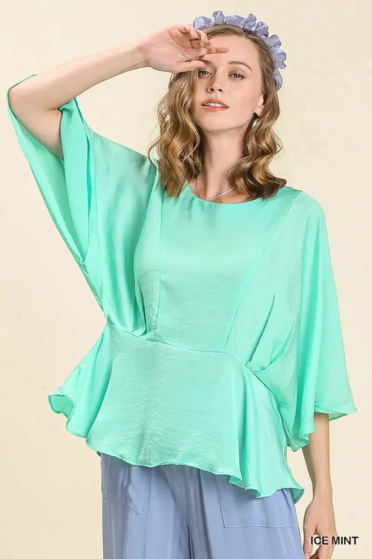 Umgee Satin Peplum Kimono Sleeve Top