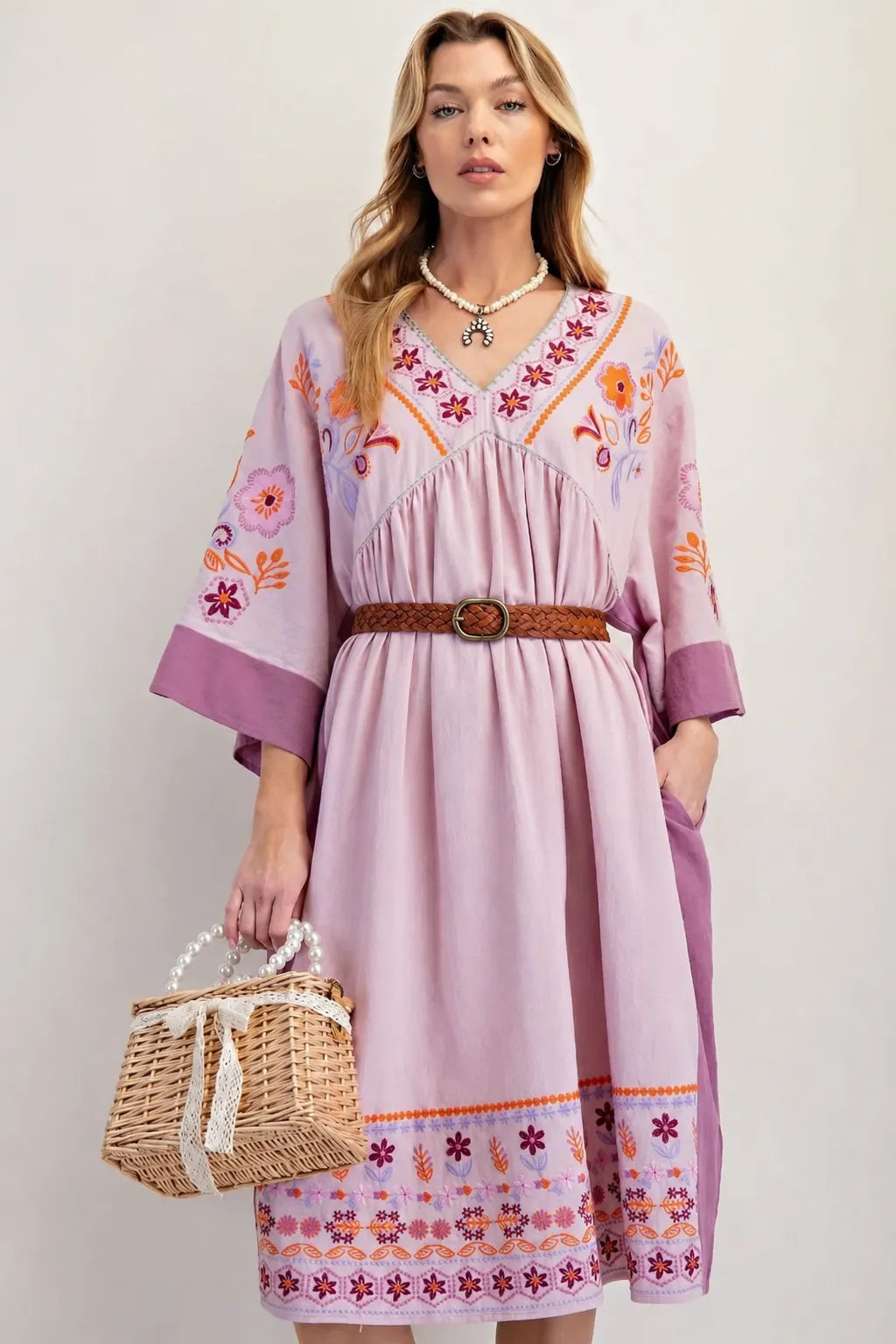 Easel Embroidered Floral Boho Midi Dress